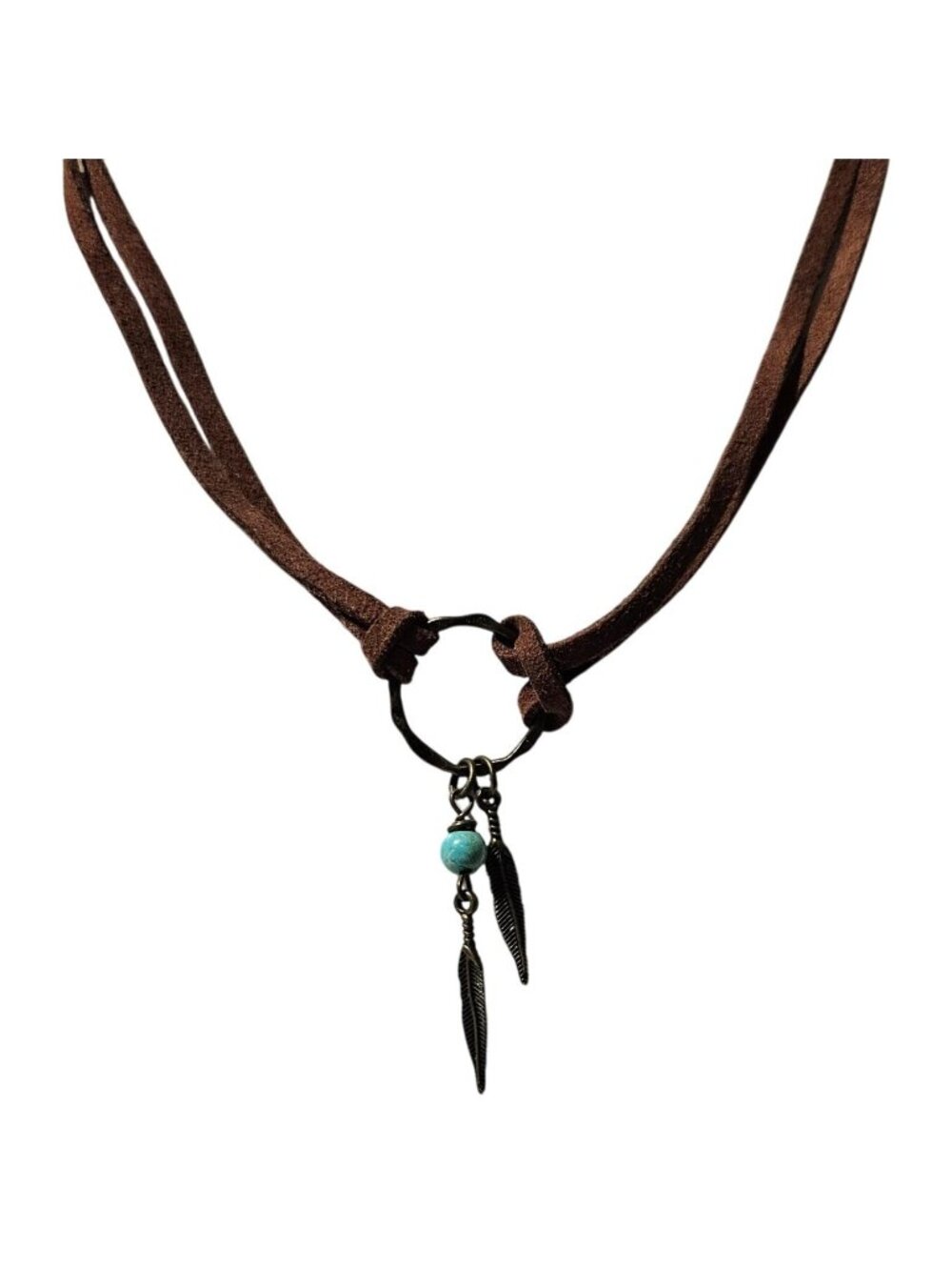 Southwest Feather Pendant Necklace Turquoise Beads Brown Suede Ethnic Jewelry